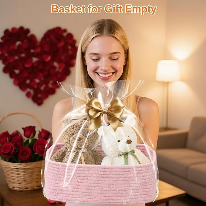 Small Storage Baskets for Organizing, Woven Storage Bins for Shelves, Gift Basket Empty, Cute Decorative Closet Organizer, Baby Rope Basket, Dog Toy Storage, 11x7.5x4.5”, 3Packs Pink
