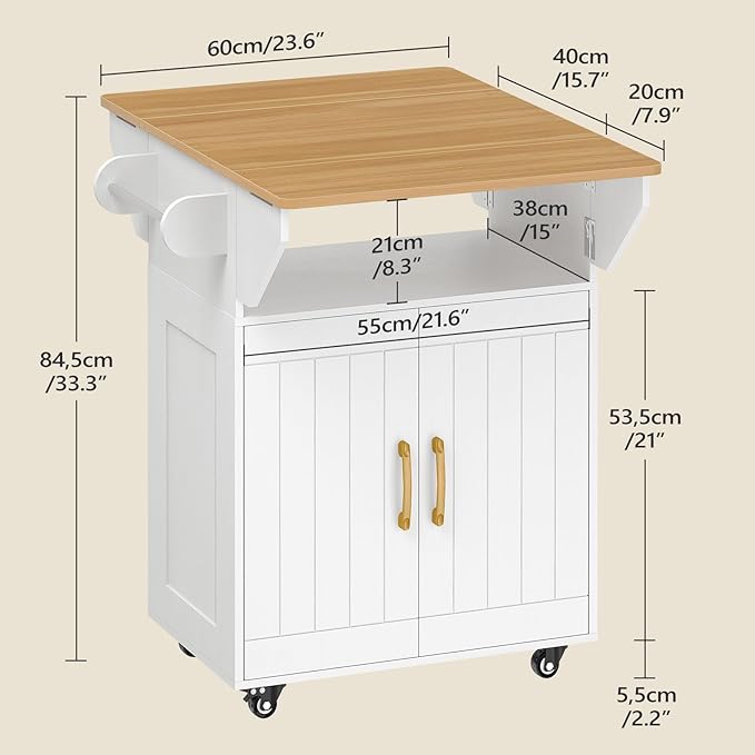 MAHANCRIS Kitchen Island on Wheels, Rolling Island Cart with Drop Leaf, Mobile Kitchen Island with Storage, Kitchen Island Table with Adjustable Shelf and Hooks, for Kitchen White and Natural KIBN9801