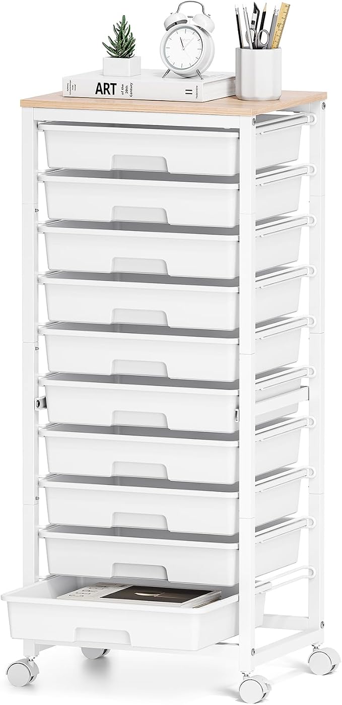 SYKIARIOL Rolling Cart with Drawers,10 Drawer Rolling Cart,Storage Cart with Wheels,Utility Cart with Drawers,Teacher Cart for Classroom Storage,Craft Cart with Wheels and Wooden Tabletop,White