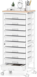 SYKIARIOL Rolling Cart with Drawers,10 Drawer Rolling Cart,Storage Cart with Wheels,Utility Cart with Drawers,Teacher Cart for Classroom Storage,Craft Cart with Wheels and Wooden Tabletop,White