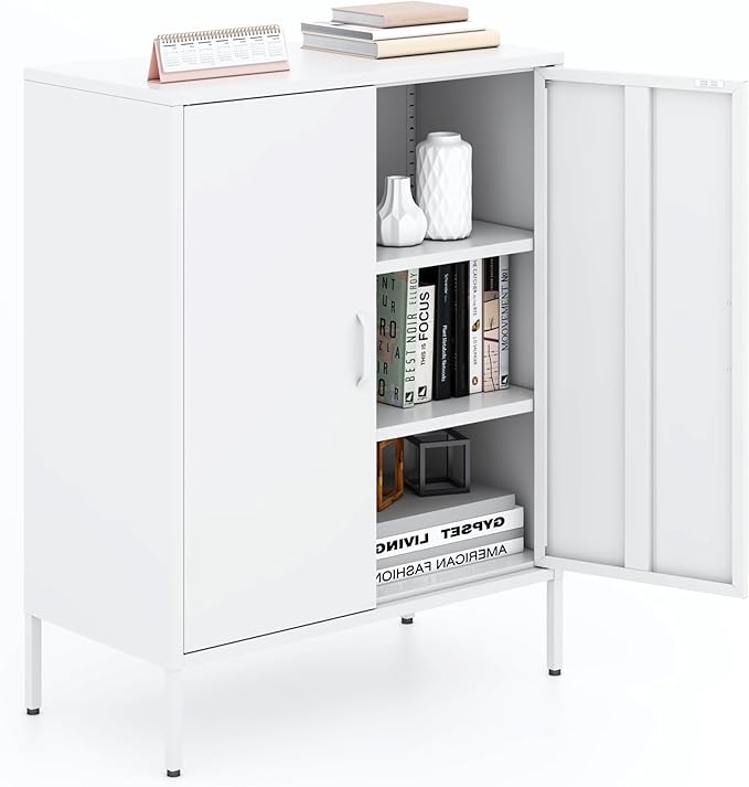 Washsemba Metal Storage Cabinet with Doors and Shelves,Multipurpose Storage Rack, 3-Tier Shelf,Metal Locker Style Accent Cabinet for Home Office,Living Room,Kitchen(White, 40''H)