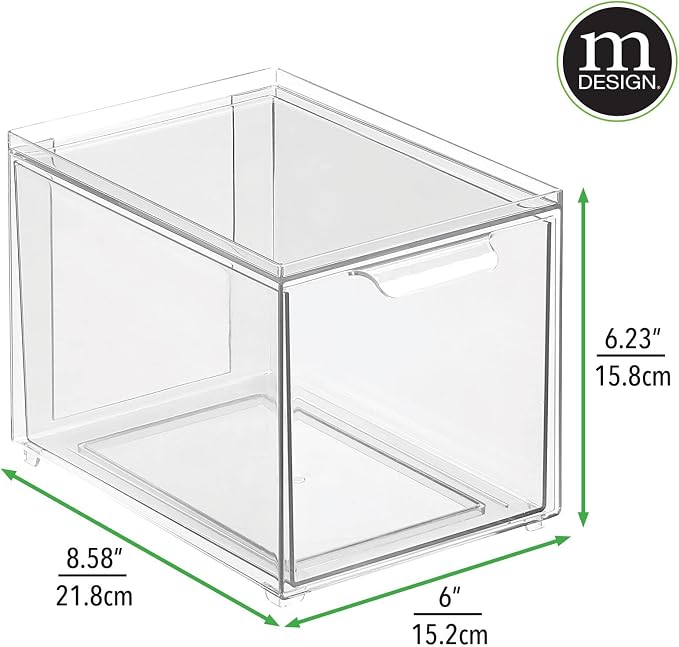 mDesign Shoe Storage Box with Drawer – Sturdy Plastic Storage Box for Shoes – Stackable Drawer Box for Shoes, Accessories and More – Pack of 4 – Clear
