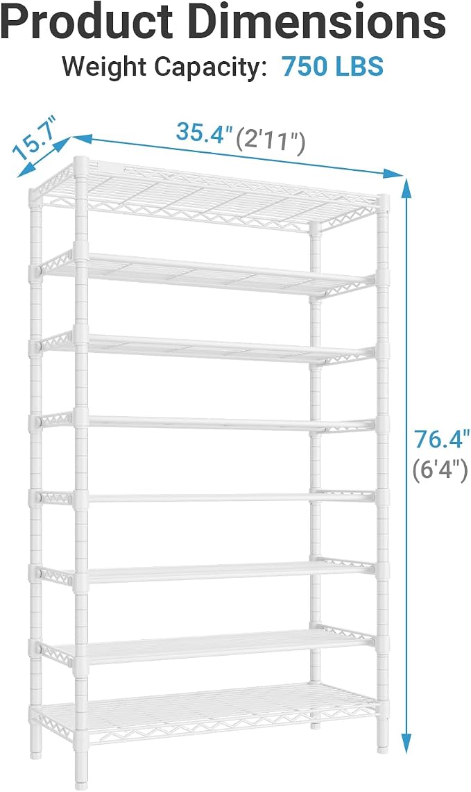 VIPEK S1 Plus Shoe Rack, 8-Tier Extra Wide Heavy Duty Shoe Organizer, Large Capacity Metal Shoe Cabinet Up to 40 Pairs, Adjustable & Detachable Shoe Storage for Entryway/Bedroom/Closet, 750 lbs White