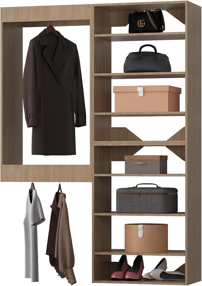 Modular Closet System, 52" Wide Closet Organizer System with Towers and Hanging, Wood Closet Tower Storage for Walk In Closets, Wall Mounted Wardrobe Organizer Kit System, Bedroom, Wood