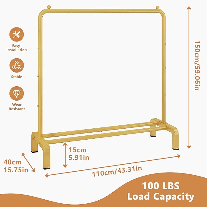 JIUYOTREE Metal 43.3 Inches Garment Rack with Bottom Shelf Clothing Rack for Hanging Clothes Coats Skirts Shirts Sweaters Gold