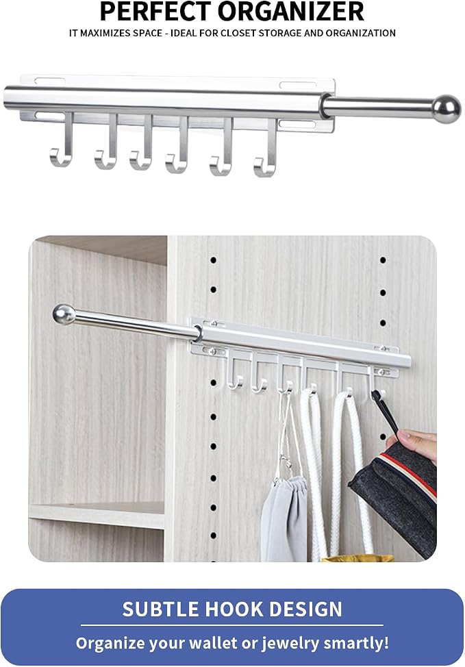 BaiNong Valet Rod for Closets Pull Out 16.5" Silver with 6 Hooks | Closet Valet Rod Slide Out for Closets, Laundry Rooms, RVs Space-Saving