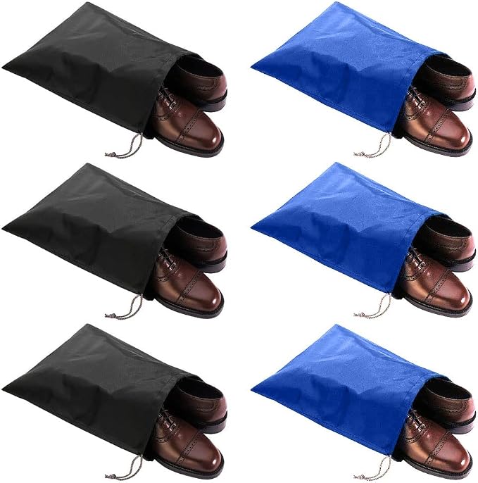 6 Pack Waterproof Nylon Shoe Bags Travel Bags for Men Women (Black+Blue, 15.1"(L) x12.2"(W))