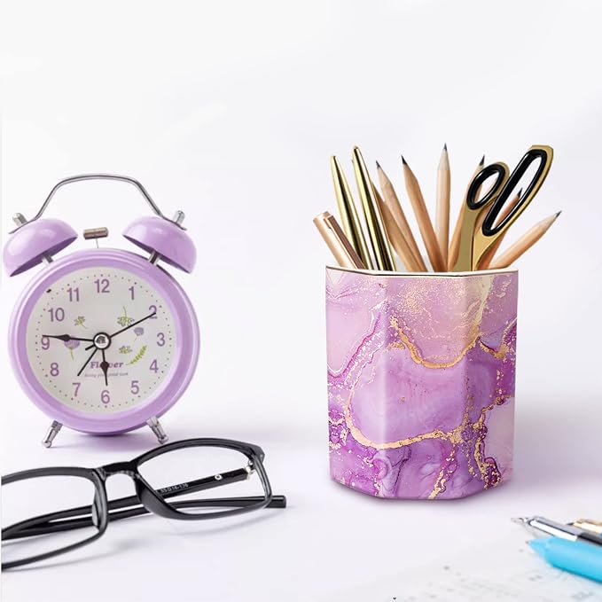 Large Capacity Colored Ceramic Marble Pencil Storage Marker Pen Holder Cute Stationery Holder For Office, Girl Women Adult, Purple Marble