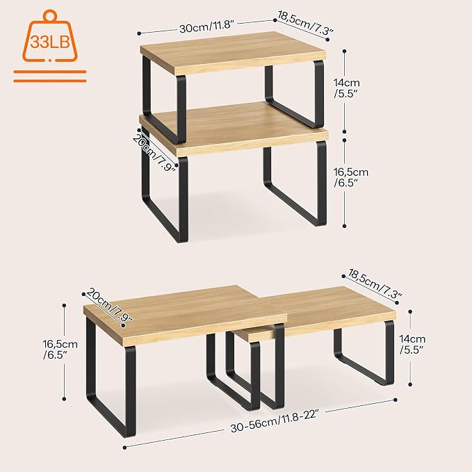 HOOBRO Cabinet Organizer Shelf, Set of 2, Kitchen Countertop Organizer, Kitchen Countertop Shelf, Spice Rack for Counter, Stackable, Expandable for Cabinet, Kitchen, Natural and Black BN33TL01