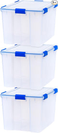 IRIS USA WeatherPro 74 Qt Storage Bins with Lids, 3 Pack, BPA-Free Plastic Gasket Box with Tight Latch and Seal, Stackable Nestable Tote Tub - Clear/Blue