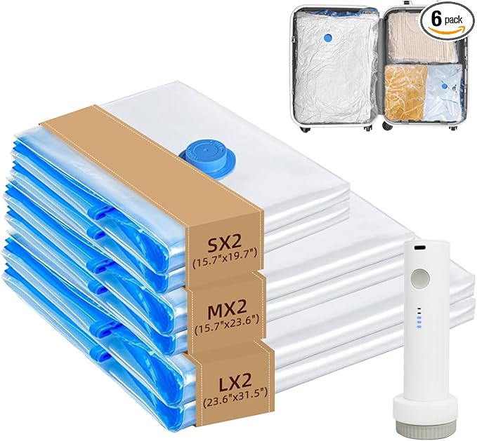 Vacuum Seal Bags with Portable Electric Pump, 6 Pack Vacuum Storage Bags for Clothing Travel, Compression Packing Space Saver Bags for Luggage Suitcase (2 Small & 2 Medium & 2 Large)