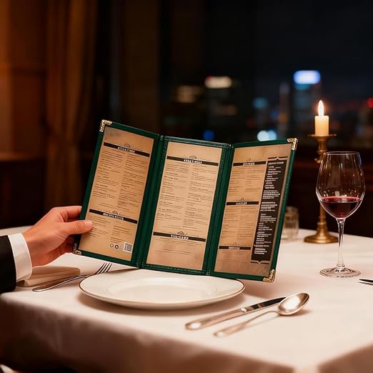 Goodsmart Restaurant Menu Covers – 25 Pack Green 6-View Trifold 8.5" x 11", Side-Loading Vinyl & Plastic Menu Holders, Clear Menu Sleeves, Leather-Style Café Covers with Gold Corners