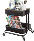 Melody House 2-Tier Metal Utility Rolling Cart Storage Organizer with Cover Board Mobile Trolley Sofa Side Table with Wheels for Office Home Kitchen Organization Black