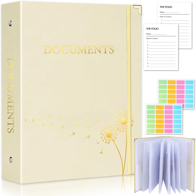 XKDOUS Important Document Organizer Emergency Binder Life Organizer Folio Folders with 9 Pockets Expanding File Storage Holder for Papers, Letters, Cards, Bills, Passports, Photos
