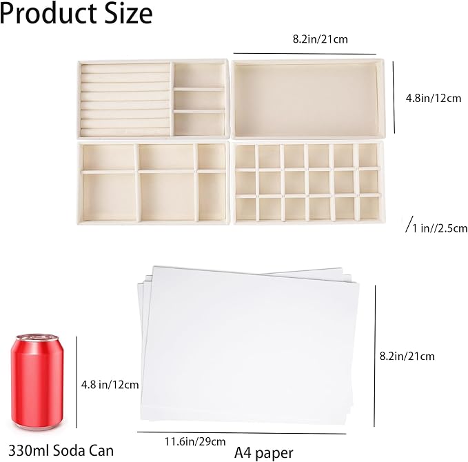 Stackable Jewelry Organizer Trays for Drawer, Set of 4 Velvet Jewelry Drawer Inserts in Dresser, 8in Storage Display Case for Rings Stud Necklaces Accessories(Beige)