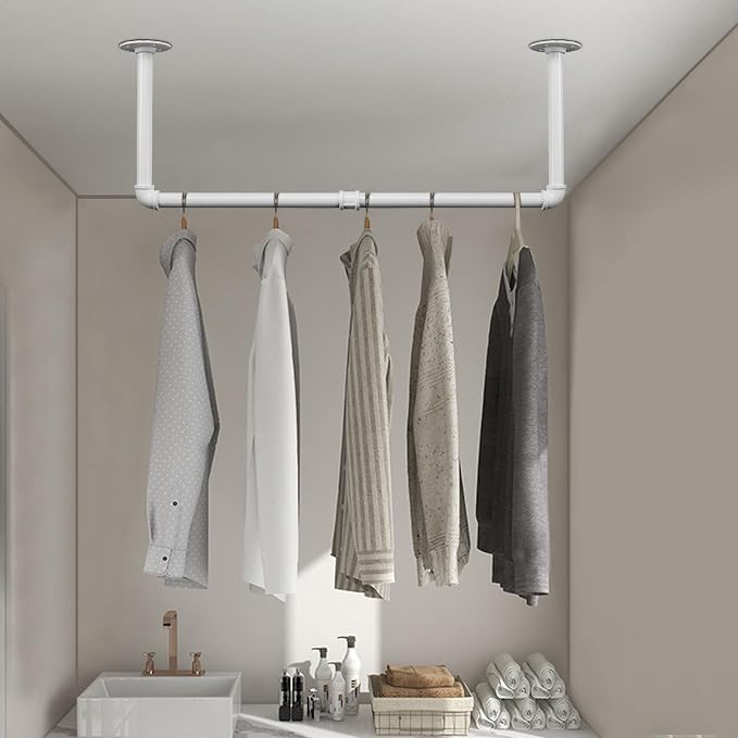Industrial Iron Pipe Clothes Hanging Bar DIY Wall-Mounted Garment Rack Heavy Duty Clothing Rack for Bedroom, Laundry Room, Closet Storage (White 28 inch)