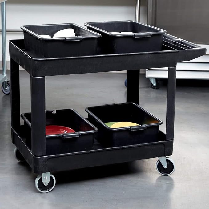 Rubbermaid Commercial Products 2-Shelf Utility/Service Cart, Medium, Black, Lipped Shelves, Ergonomic Handle, 500 lbs. Capacity, for Warehouse/Garage/Cleaning/Manufacturing