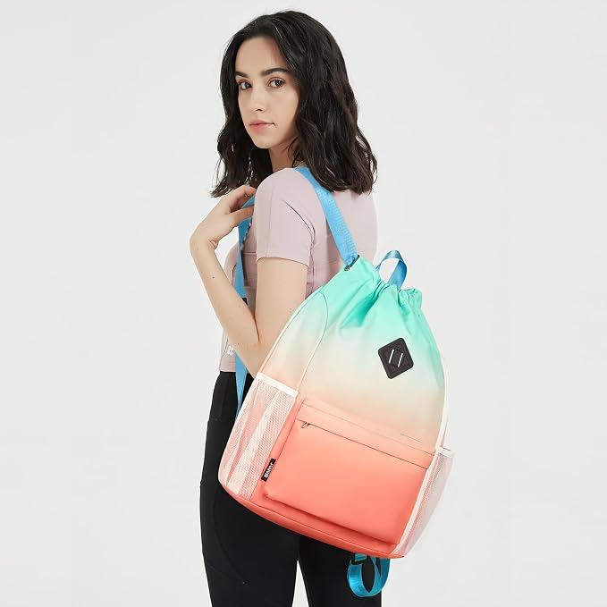 WANDF Drawstring Backpack with Shoe Compartment, Sports Gym Bag | Multi-Pocket Storage, Water-Resistant Fabric, Cinch String Bag