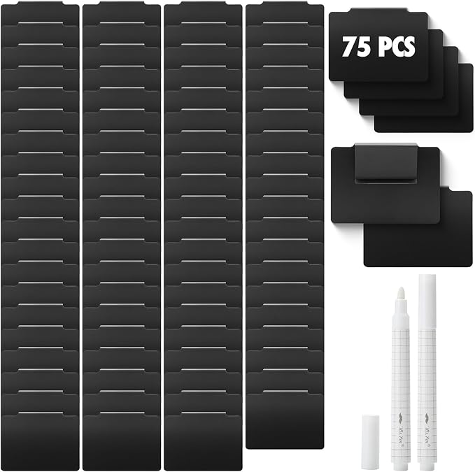 Mr. Pen - Storage Bin Labels Clip On Set, 77 pcs | 75 Removable Bin Labels Clip On with 2 Chalk Markers, Black Plastic