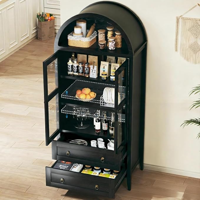 HUAHUU 71" Tall Arched Kitchen Pantry, Arched Cabinet, Kitchen Storage Cabinets with 2 Large Drawers & Adjustable Shelves & Glass Door for Living Room, Dining Room, Black