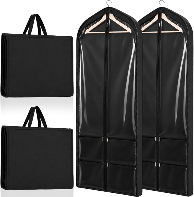 Tranqun 2 Pack 65" Long Wedding Garment Bags for Gowns 4" Gusseted Clear Dress Travel Bag for Hanging Clothes Foldable Wedding Dress Cover with 4 Zipper Pockets for Closet Storage and Travel (Black)