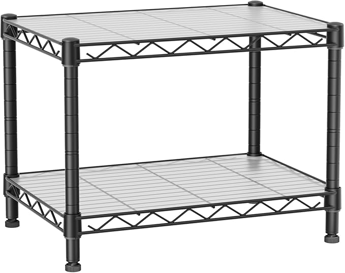 Golpart Small 2 Tier Shelves Storage Wire Shelving Unit Metal Shelf Gasket | 2 tier Shelving Adjustable Organizers Storage Shelving for Bathroom Laundry Room Kitchen Pantry 11.7”D x 17.7”W x 12”H Black