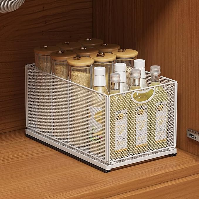 GC Sliding Cabinet Basket Organizer Drawer Self Adhesive Slide out Pantry Shelves Heavy Duty Carbon Steel Slide Cabinet Storage Basket with Handle for Bathroom Kitchen