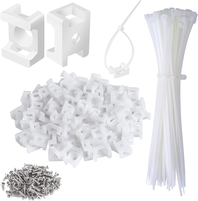 100 Pcs Cable Zip Tie Saddle Type Mounts Base with 8" Cable Ties Tapping Screw, Wire Cable Clips Organizer Holders Clamps White