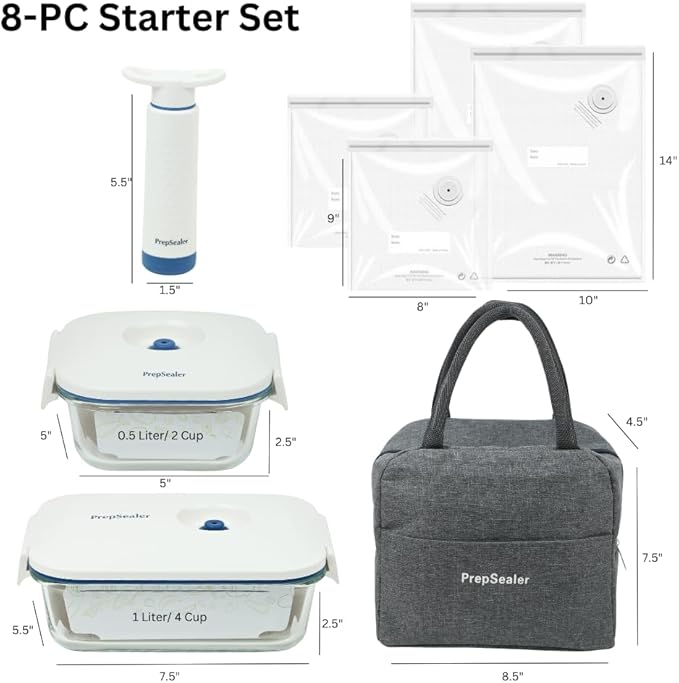 PrepSealer Food-Saving Glass Vacuum Container 8PC Set -Everyday keep fresh and longer, Borosilicate glass