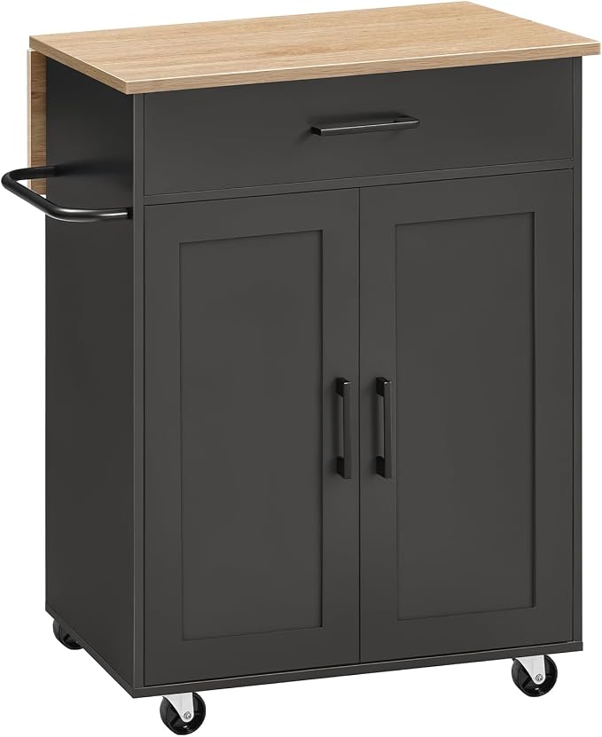 MAHANCRIS Kitchen Island on Wheels with Drop Leaf, Folding Countertop Kitchen Island Cart, Kitchen Islands Table with Towel Rack, Drawer, for Kitchen, Dining Room, Black and Natural KINB12501