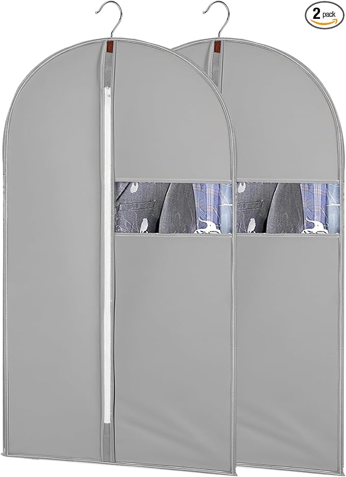 2Pcs Garment Bags Covers, 45Inch Hanging Clothes Bag, Suit Cover Bags with Clear Window for Hanging Closet Clothes Storage and Travel (2, Gray, 45 inch)