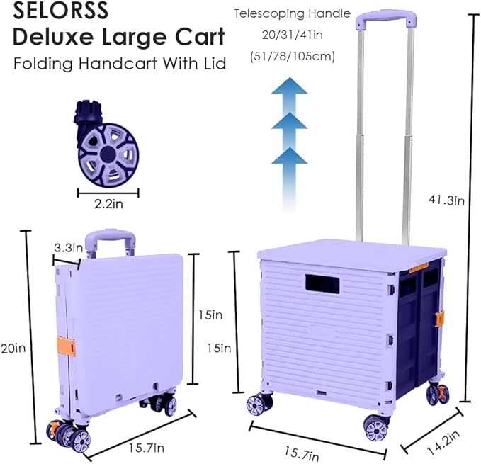 SELORSS Foldable Utility Cart Portable Collapsible Crate Rolling Carts with Wheels Rolling Tote Basket Teacher Cart with Lid Wear-Resistant 360°Rotate Wheel Noiseless for Shopping Storage Office Use