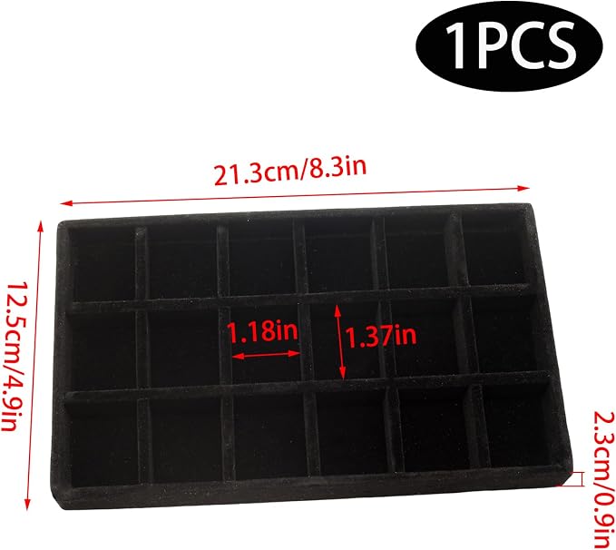 Velvet Jewelry Organizer Trays Black Stackable Jewelry Storage Display Tray with Removable Dividers, 18 Grids