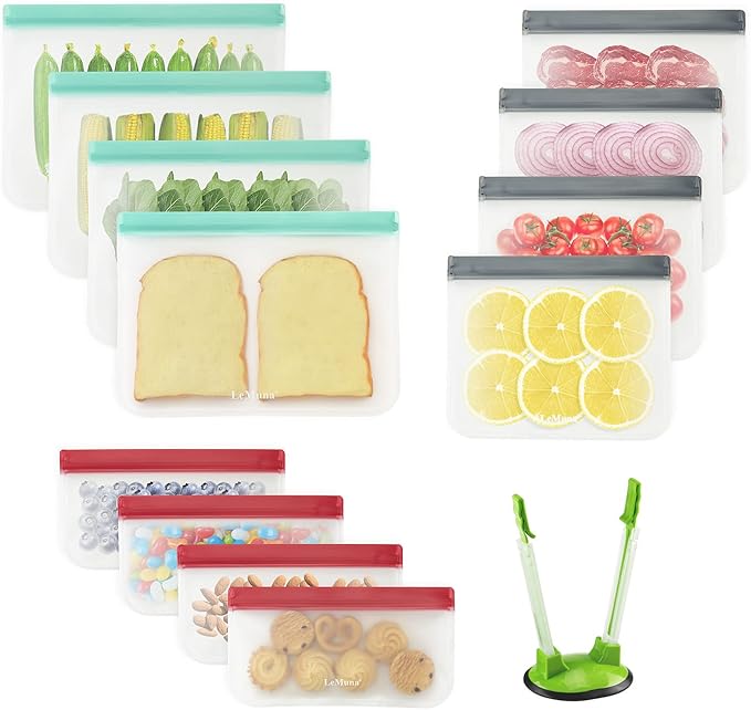 LeMuna 12 Pack Reusable Food Storage Bags with Baggy Rack (4 Gallon Freezer Bags, 4 Reusable Sandwich Bag, 4 Reusable Snack Bags), Food Grade Reusable Freezer Bags BPA Free, PEVA Leakproof | BPA Free, Leakproof, Food Grade, Freezer Safe Bags, Reusable