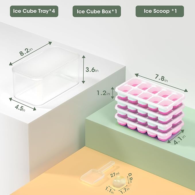DOQAUS Ice Cube Tray with Lid and Bin - 4 Pack Silicone Ice Cube Trays for Freezer, Stackable Ice Bucket Kits with Storage Container & Scoop for Kitchen, RV, Cocktail, Coffee