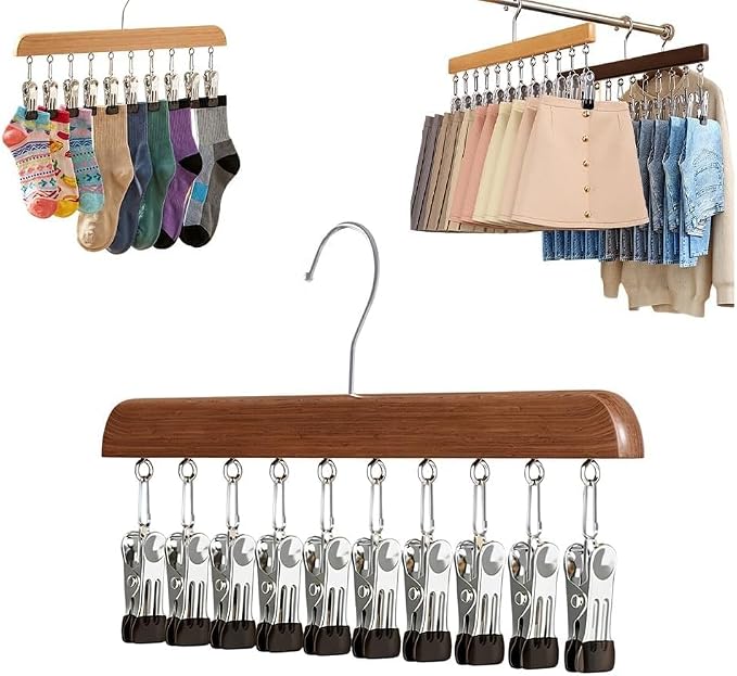 10/12-Clip Wooden Hanging Organizer, Sturdy Rack for Pants, Leggings, Socks, Hats, Scarves, Multi-Purpose Closet Storage for Home Use (1, Retro 10clip)