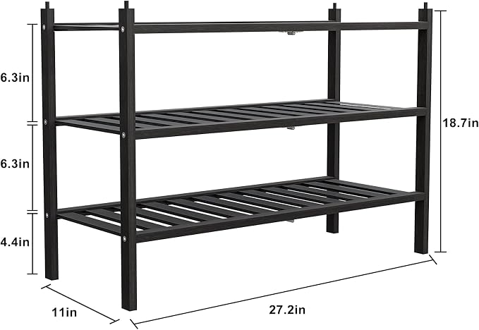 Dranixly Shoe Rack, 3-Tier Bamboo Stackable Shelf Storage Organizer, Stand for Closet, Entryway, Hallway, Bathroom and Living Room（Black）