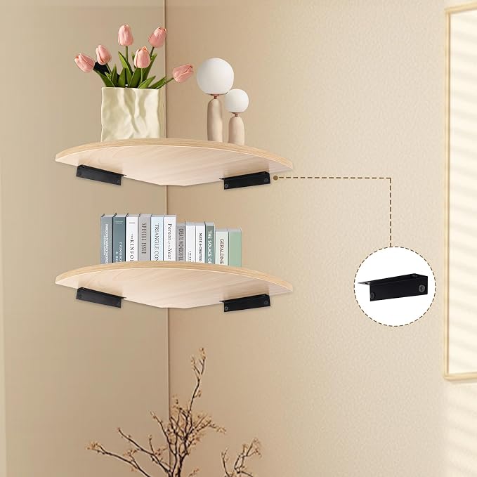 JJL Corner Wall Shelf, 12-Inch Sector Shelf, Set of 2 Wooden Hanging Shelves With Wire Hole for Bedroom Decoration, Light White