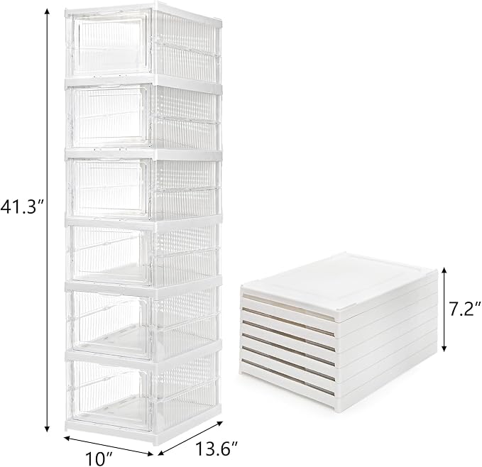 Hedume 6 Pack Clear Shoe Boxes Stackable, Drop Front Shoe Storage Box, No Assembly Plastic Shoe Organizer Storage Bin with Door, Free Standing Shoe Shelf Cabinet with Lid for Size 13, 13.6"x10"x7.9"