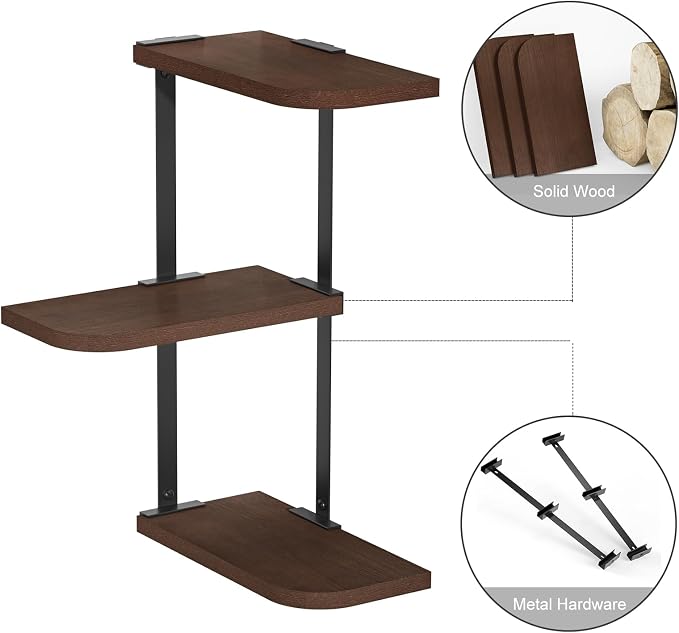 Love-KANKEI Corner Wall Shelf 3 Tier,Solid Wood with Bracket,17"Tall,Walnut | Floating Wall Shelves,Easy to Install,Capacity 26 Lbs,For Bedroom Living Room Bathroom Kitchen Office Display,Wall Decor