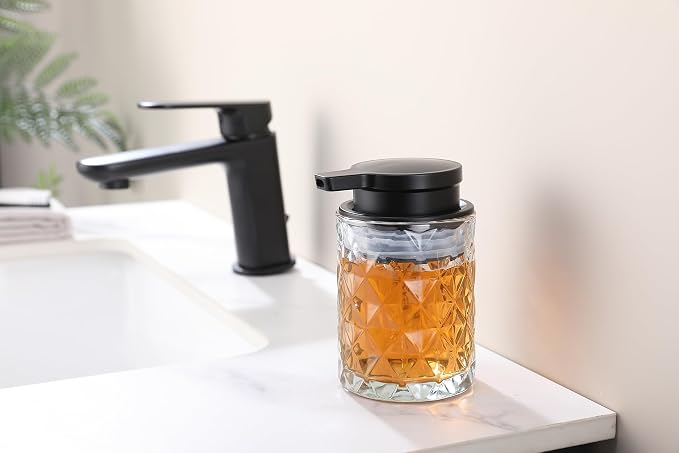 Glass Soap Dispenser Bathroom Soap Dispenser 10 oz Black Pump(Can't Foam), Countertop Refillable Clear Glass Bottle with Large Pump Head Big Cup Mouth Diamond Pattern