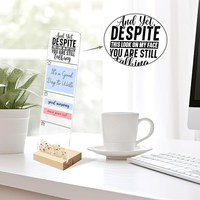 Sticky Note Holder, Monitor Memo Board, Acrylic Post It Note Holder with Wooden Base, Includes 200 Notes, Desk Organizer Rude Sarcastic Quote
