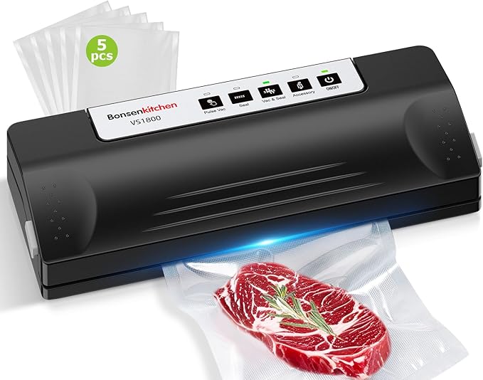Bonsenkitchen Vacuum Sealer Machine for Food Storage,Black-Silver | Multi-Functional Food Sealer, 65kPa Suction, External Vacuum System , Compact Design with 5 Vacuum Bags