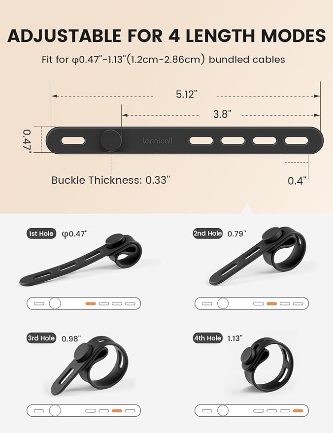 Lamicall 10Pack Silicone Cable Ties Cord Organizer - Reusable Cord Management Wraps, Stretchy Rubber Charger Cable Strap Ties, Skin-Friendly Electrical Wire Keeper for Travel, Home Office Accessories