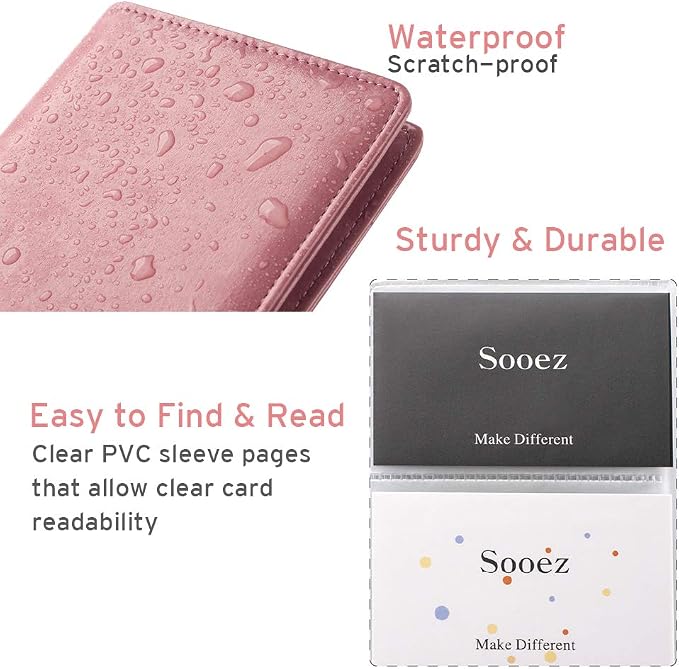 Sooez Leather Professional Business Card Book Holder Organizer, 240 Capacity Credit Card Booklet, PU Name Cards Holder Storage File for Men Women, 7.7"x 4.5" x 0.7", Pink