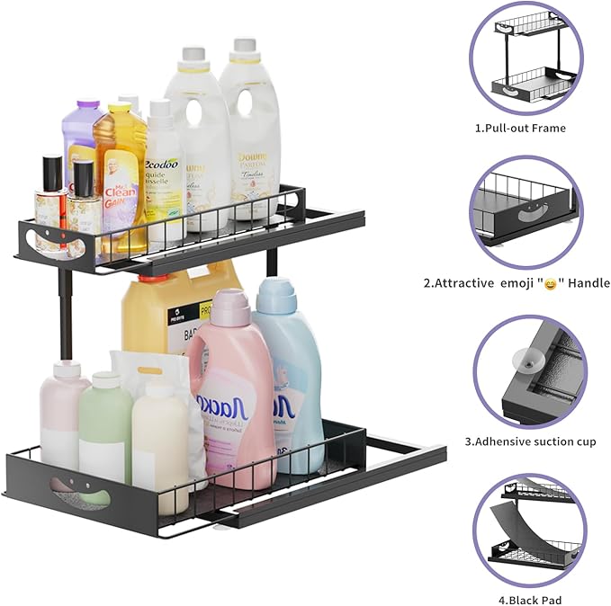JAQ Under Kitchen Sink Organizer, 2 Tier Metal Slide Out Under Cabinet Storage Shelves Rack for Kitchen Bathroom Pantry Lanudry, Attractive emoji Smile Handle (Black, 1 Pack)