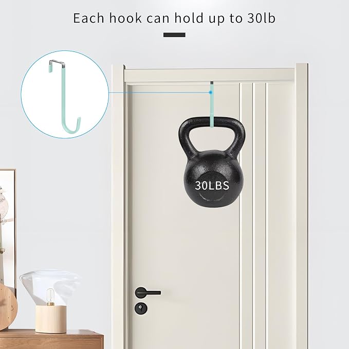 FYY Over the Door Hooks, Single-Hanger 4 Pack, Fits Doors 1.6" Green | Heavy Duty Metal, Hold 20lbs, Rubber-Coated, No-Drilling, for Bathroom Dorm, Hanging Towels Clothes Hats Bags Coats Wreaths