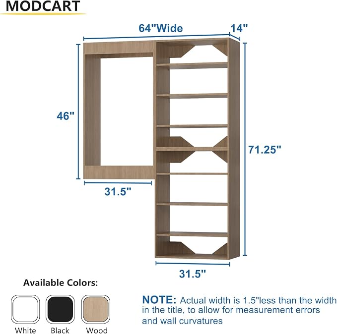 Modular Closet Tower Organizer, 64" Wide with Towers and Hanging, Wooden Wardrobe Organizer Kit for Walk In Closets, Wall Mounted System, Bedroom
