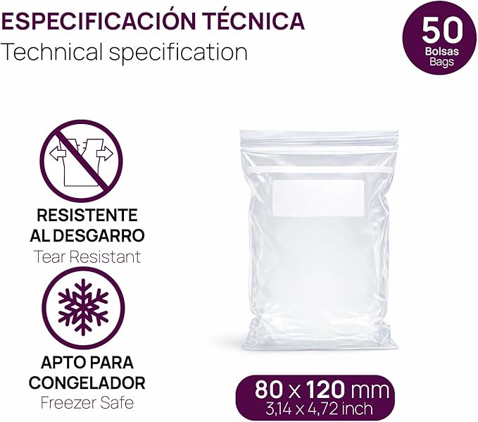 Ofituria Transparent Zip Bags 80 x 120 mm with Airtight Seal, Zip Bags for Food, Snacks, Freezing as well as Kitchen and Travel Organisation - Ofituria (50 Bags)
