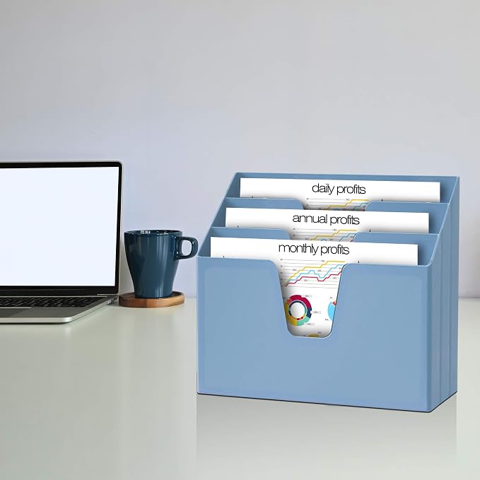 Acrimet Horizontal Triple File Folder Holder Organizer, Open Top Desktop Document Sorter for Letter Size Papers & Folders, Plastic (Solid Blue) | 3 compartments to separate and organize documents, folders and papers
